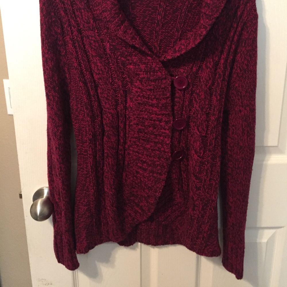 Cable Knit Shawl Collar Sweater with buttons.
